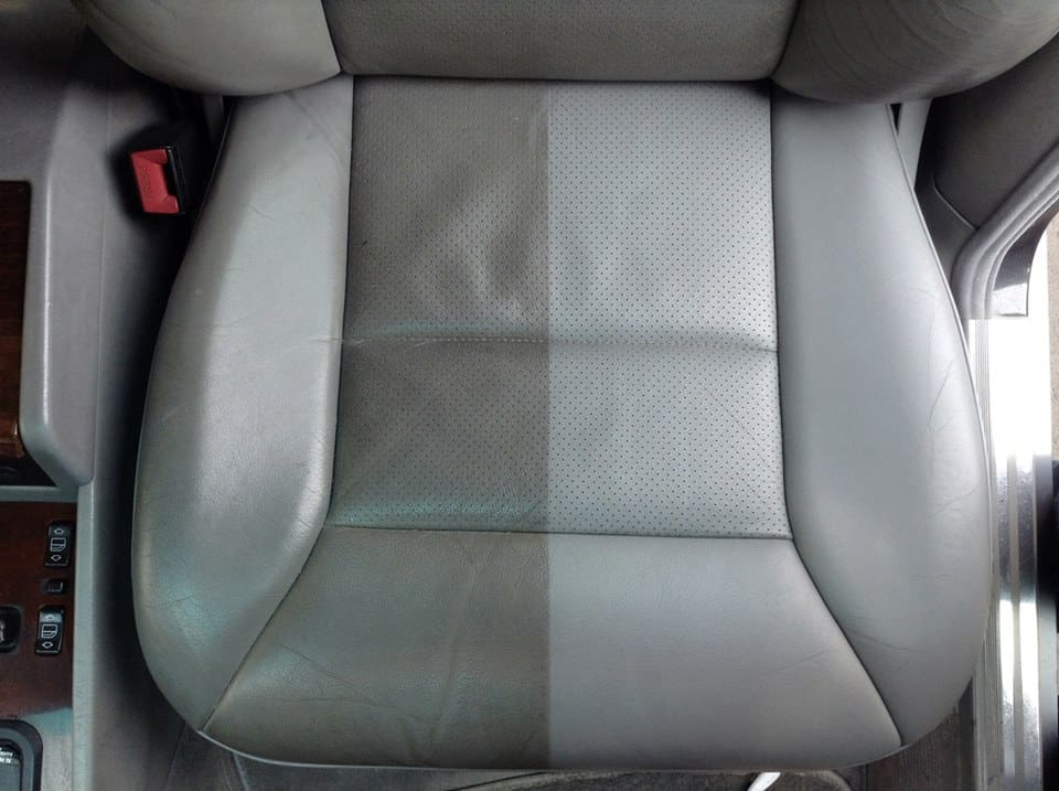Before-and-after of a leather car seat showing one half deep-cleaned during a Chula Vista interior detail