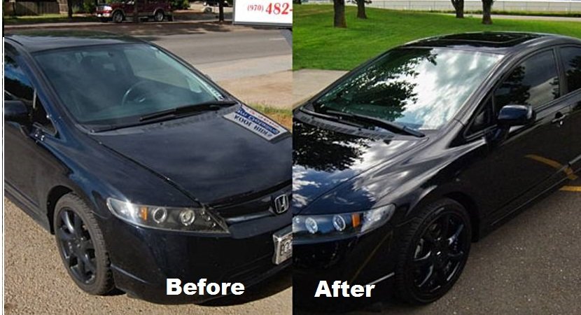 Before-and-after of a black sedan exterior detail showing restored gloss after mobile detailing in Chula Vista